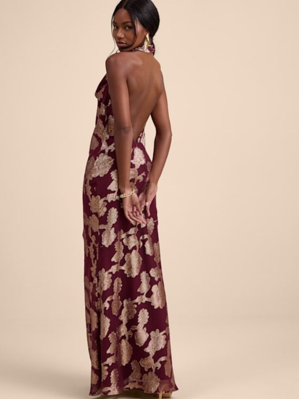 Lulus Zafira Burgundy And Gold Burnout Cowl Halter Maxi Dress Red - Size XS